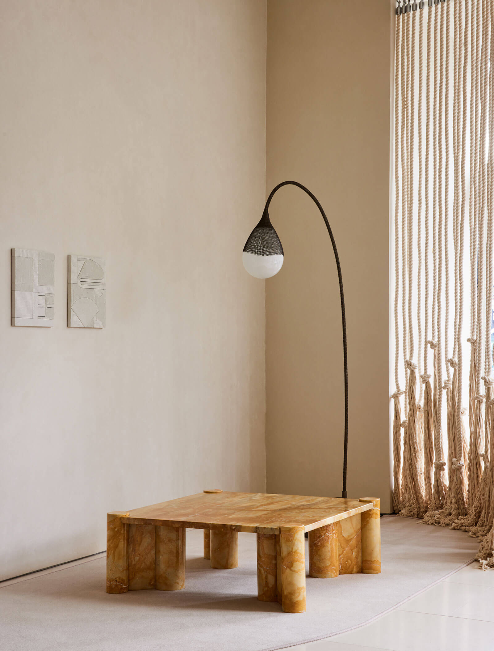 Natasha and Helena Sultan / Konekt, 'Armor Floor Lamp', 2021; Gae Aulenti, 'Jumbo Coffee Table', circa 1970 COURTESY: Egg Collective / PHOTOGRAPH: Nicole Franzen