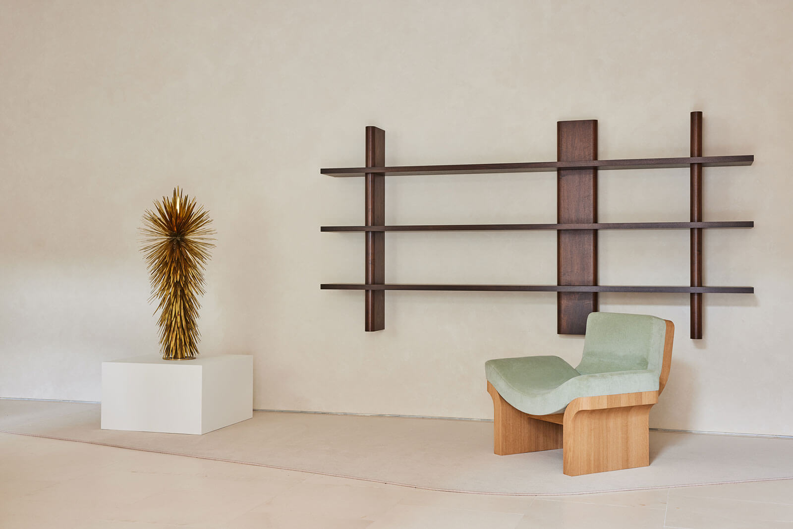 Luna Paiva, 'Yucca', 2016; Egg Collective, 'Landry Wall-Mount Bookcase', 2021; Katrina Vonnegut/Vonnegut Kraft, 'Bow Chair', 2021 COURTESY: Egg Collective / PHOTOGRAPH: Nicole Franzen