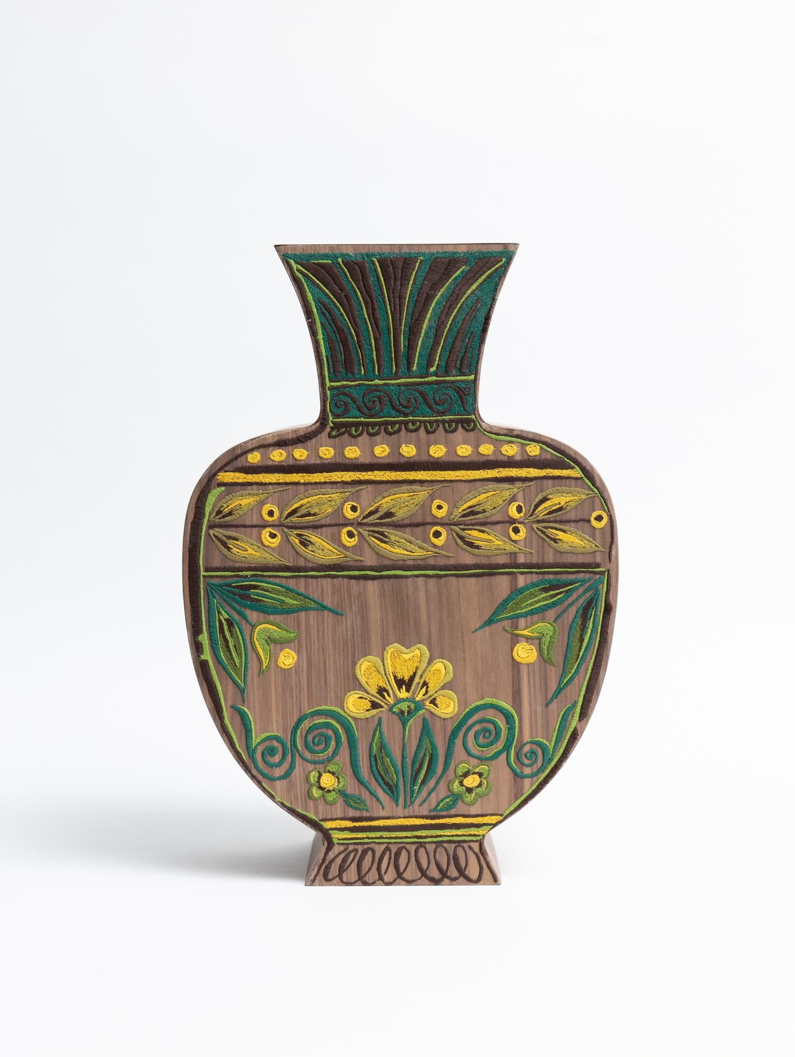 Massimiliano Locatelli and Fabio Zambernardi, ‘An embroidered wooden vase’, 2025 COURTESY: Galleria Luisa Delle Piane / PHOTOGRAPH: © Giovanni Galanello