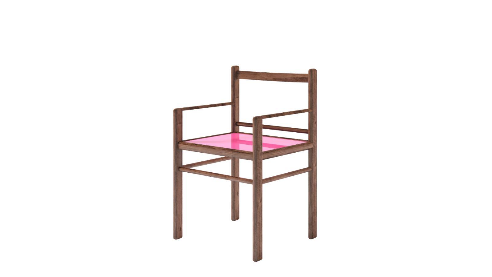 Gianfranco Frattini, ‘Ovenque’ chair, 1980; STUDIO2046, ‘Seat with a contemporary intervention in glossy pink lacquer’, 2026 COURTESY: Bernini Gallery