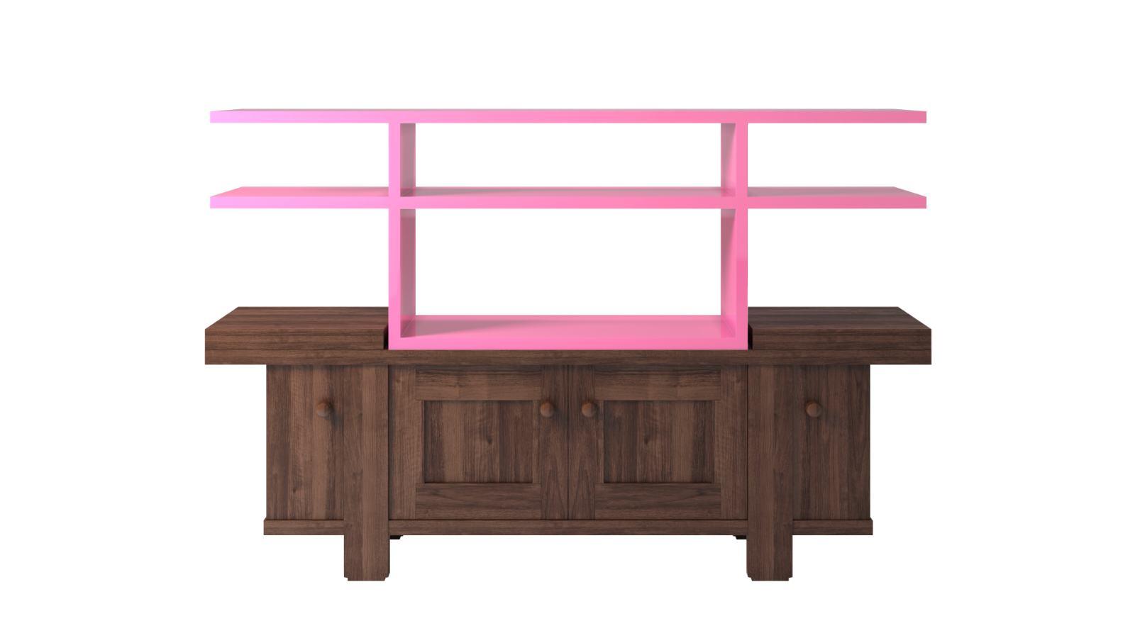 Silvio Coppola, ‘Credenza 602’, Pranzo series, 1964; STUDIO2046, ‘Seat with a contemporary intervention in glossy pink lacquer’, 2026 COURTESY: Bernini Gallery
