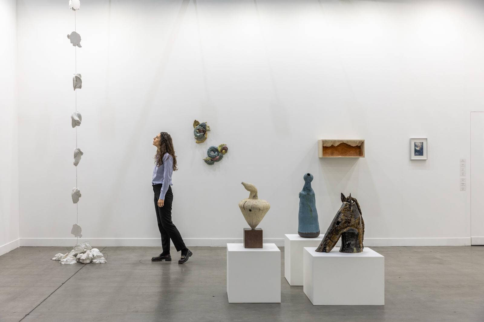 Installation view Galleria Massimo Minini at miart, 2026. Left to right works by: Paolo Icaro (hanging), Francesco Simeti (wall-hung) and Phoebe Collings-James (foreground) COURTESY: Nicola Gnesi studio