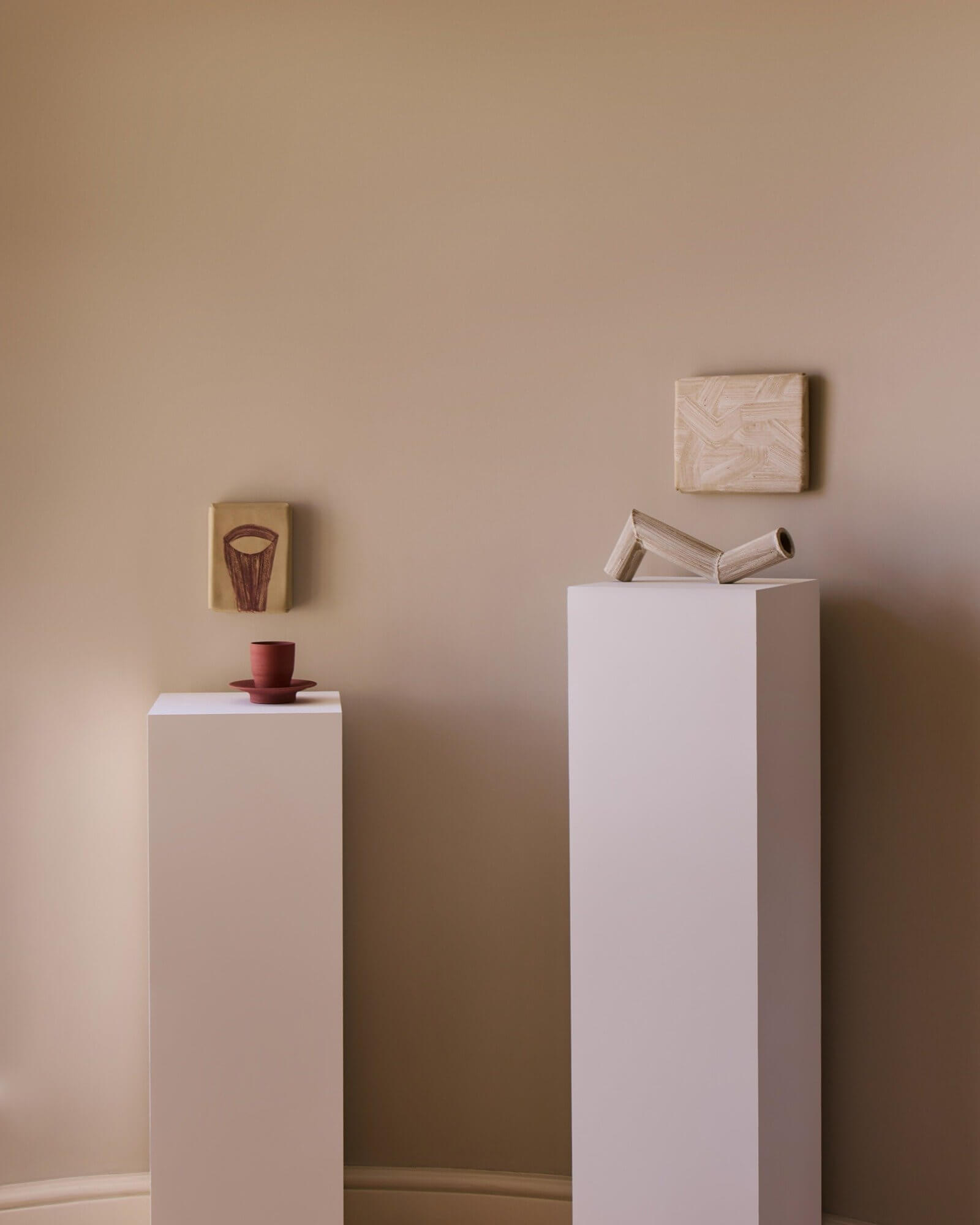 Exhibition view, ‘South of the River’, with (left to right) Nicola Tassie, ‘The Ellipse Diptych’, 2021; Nicola Tassie, ‘Pipework Diptych’, 2020; COURTESY: Nicola Tassie & 8 Holland Street