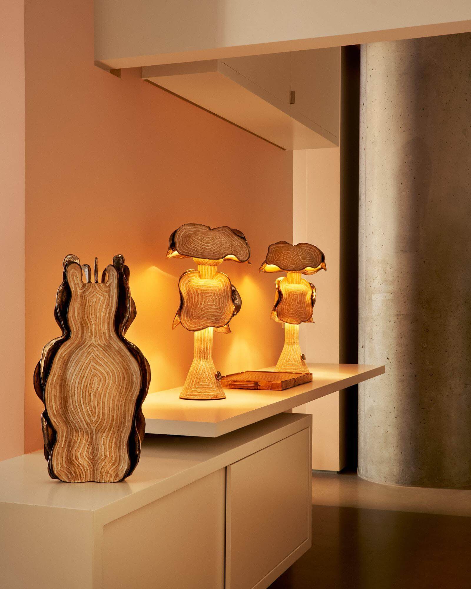 Exhibition view, ‘Held in Light’ with (left to right) ‘Vessel 46’, 2026; ‘Calla Table Lamps (Pair)’, 2026 COURTESY: © The Artist & Gallery FUMI