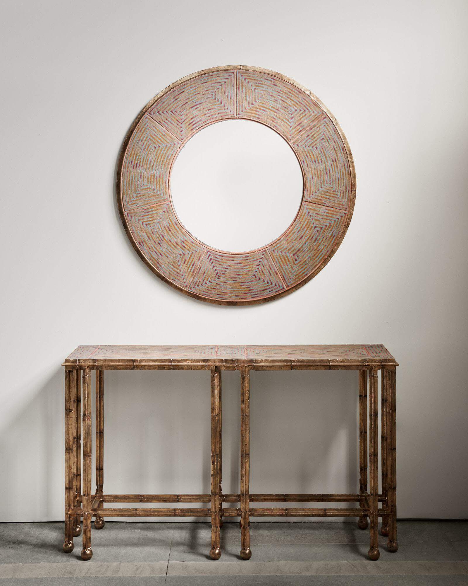 Jeremy Anderson, ‘Round Mirror’, 2026; ‘Console Table (Maroon and Elephant’, 2026 COURTESY: © The Artist & Gallery FUMI / PHOTOGRAPH: Ethan Harrington