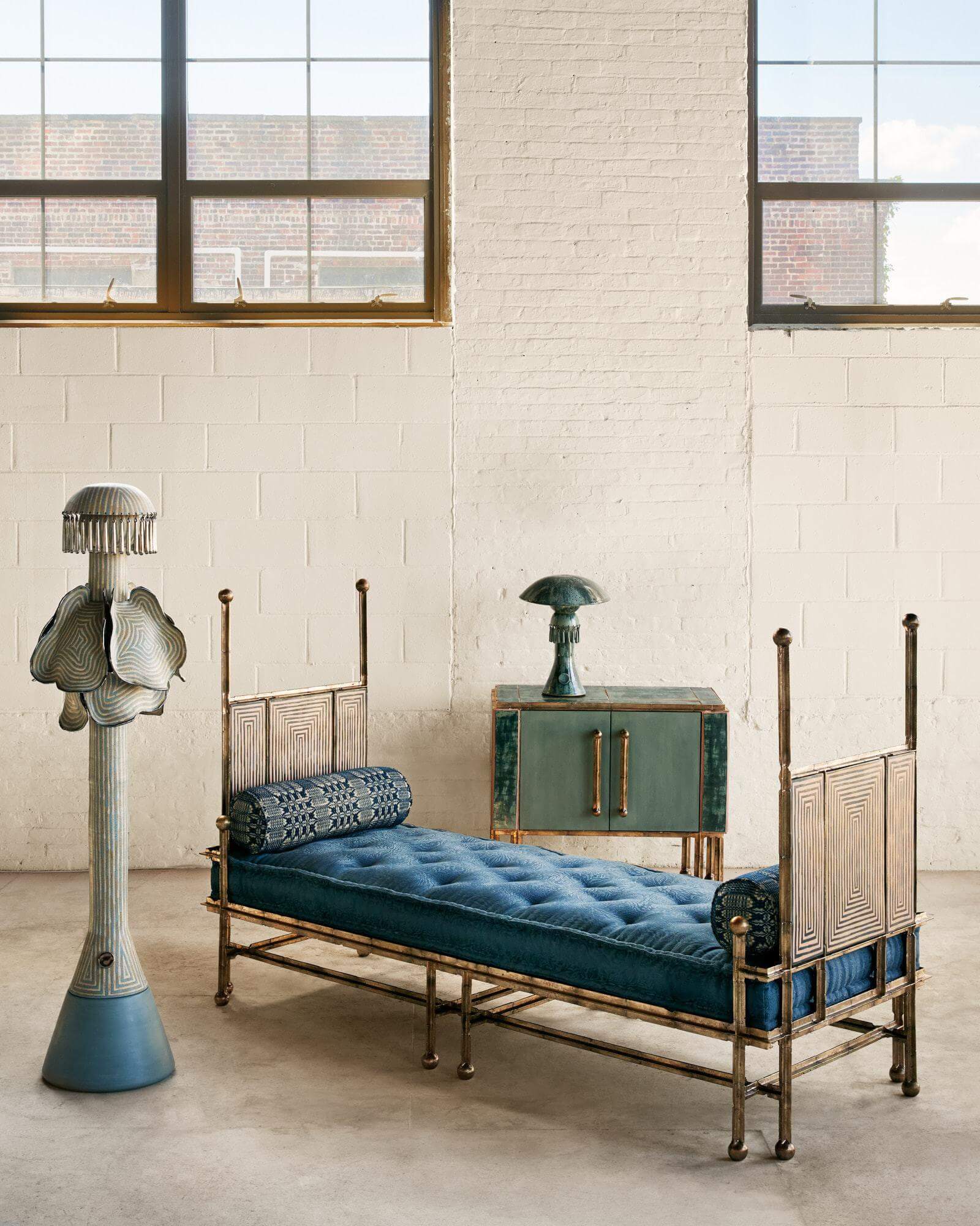 Jeremy Anderson, (left to right) ‘Maribel Floor Lamp’, 2026; ‘Delphine Daybed’, 2026; ‘Jade Cabinet’, 2026; ‘Ostia Table Lamp’, 2026 COURTESY: © The Artist & Gallery FUMI / PHOTOGRAPH: Ethan Harrington