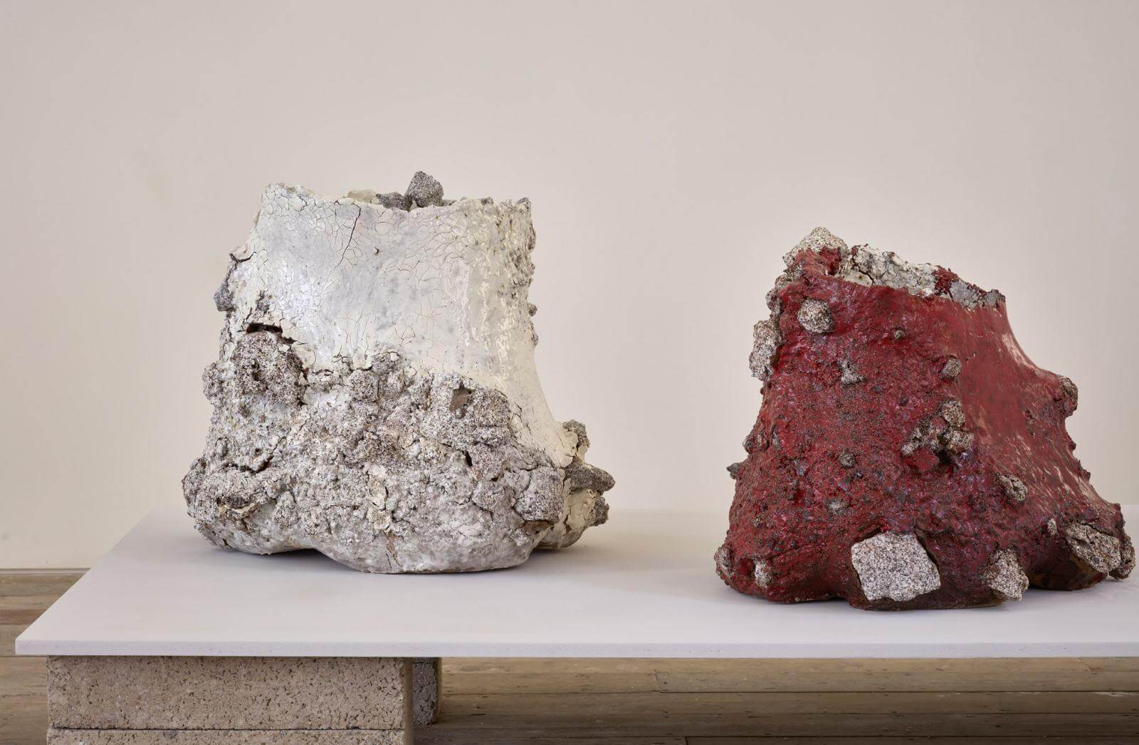 Aneta Regel, (left) ‘Raining stone (white)’, 2026; (right) ‘Raining stone (red)’, 2026 COURTESY: © The Artist & Sarah Myerscough Gallery / PHOTOGRAPH: © Gareth Hacker