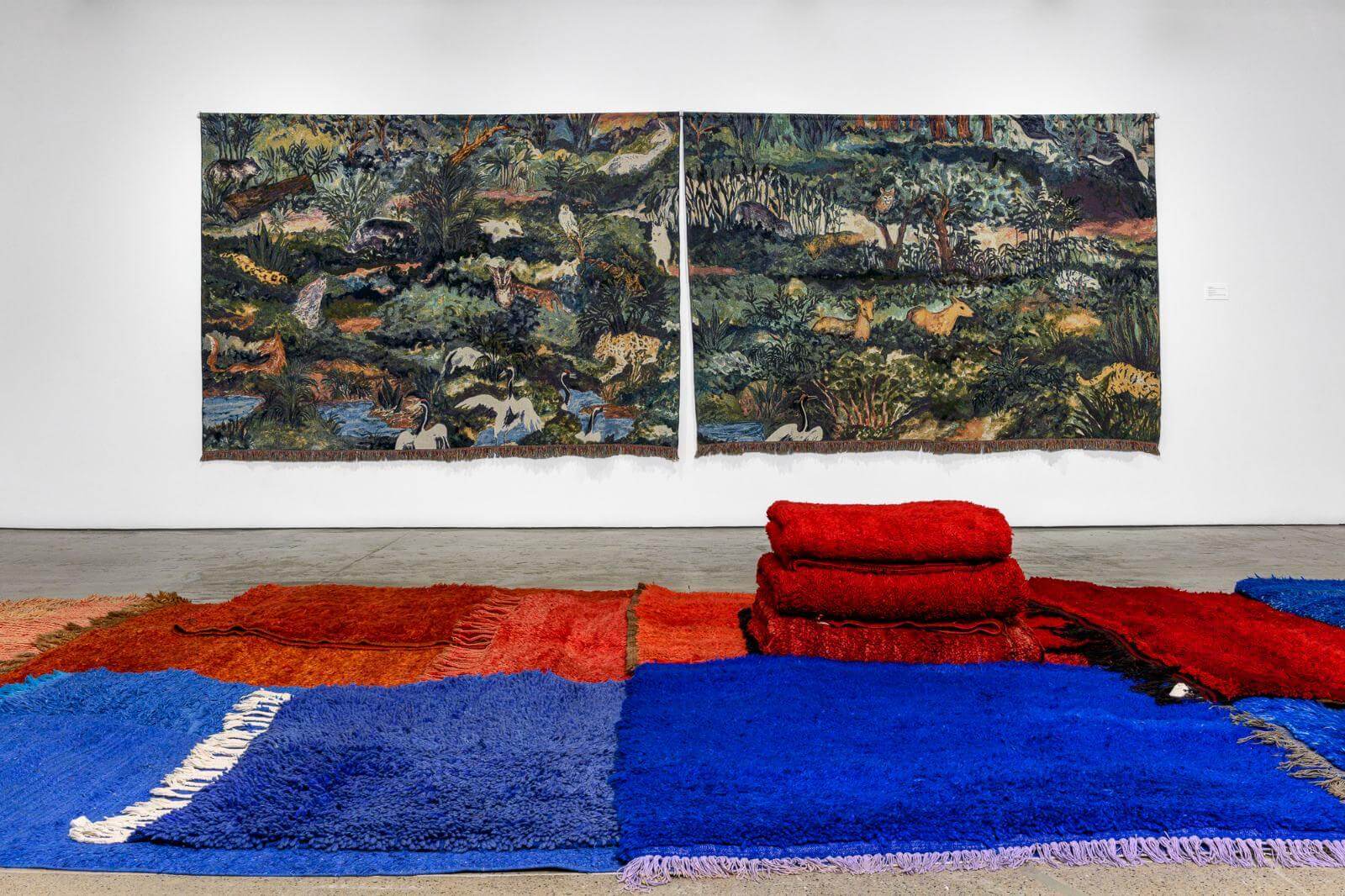 Exhibition view ‘You Stretched Diagonally Across It’ with (foreground) Yto Barrada, ‘Geological Time Scale’, mid-20th century; (background) Candice Lin, ‘Verdant Curtain’, 2020 COURTESY: © The Artist & François Ghebaly, Los Angeles, New York / PHOTOGRAPH: Constance Mensh