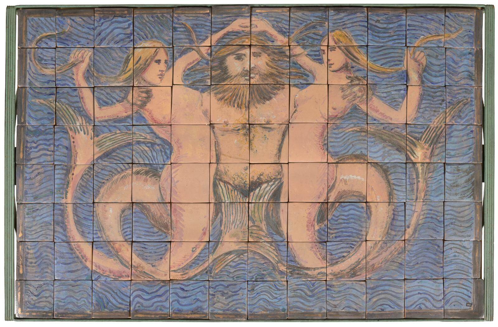 Quentin Bell, ‘A Tiled Table’ top view of merman flanked by two mermaids, 1985 COURTESY: © Dreweatts